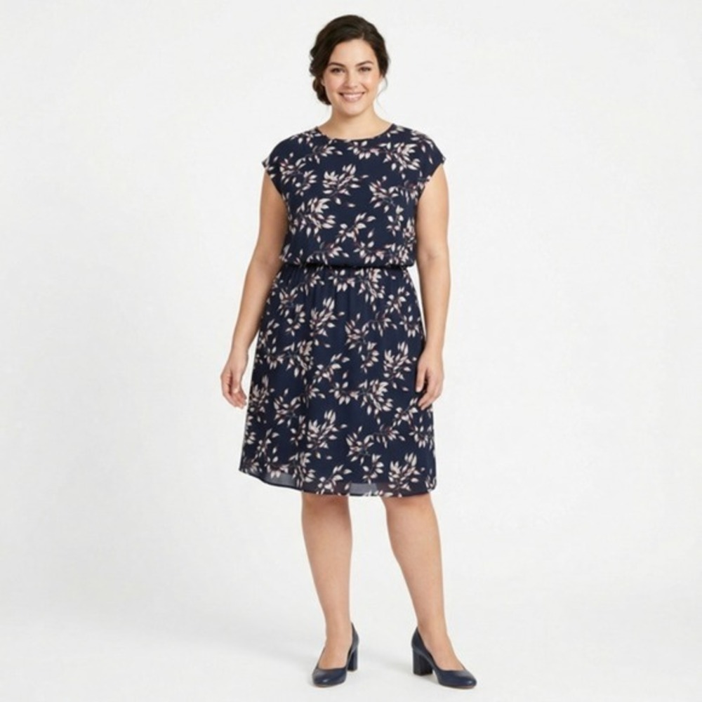 Collective Concepts Navy Leaf‎ Print Elastic Waist Dress 2X DS4805-10X